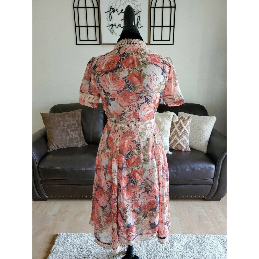 Ranna Gill Anthropologie Women's Rose Bouquet Crochet Floral Midi Dress Size 6 - Picture 7 of 12